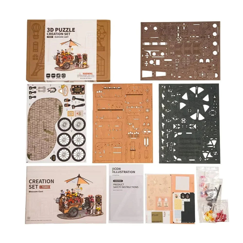 mon puzzle 3d  Puzzle 3D Bois – book nook charrette à fleurs